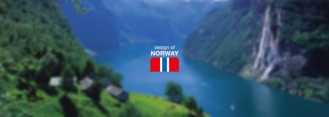 Fjordlandskap i Geiranger med logo: Design of Norway